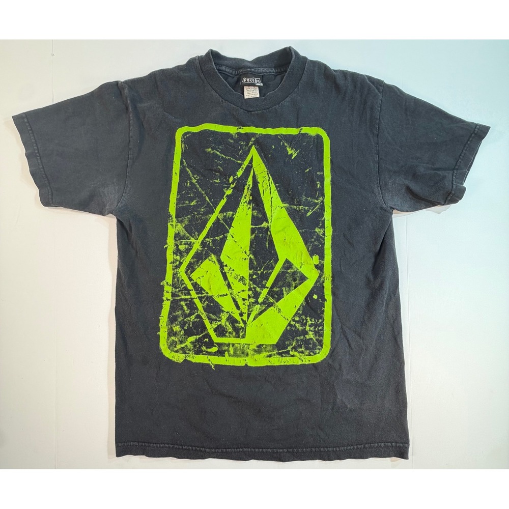 Volcom Mens T-Shirt Black Neon Green Distressed Stone Logo Graphic Tee Size M